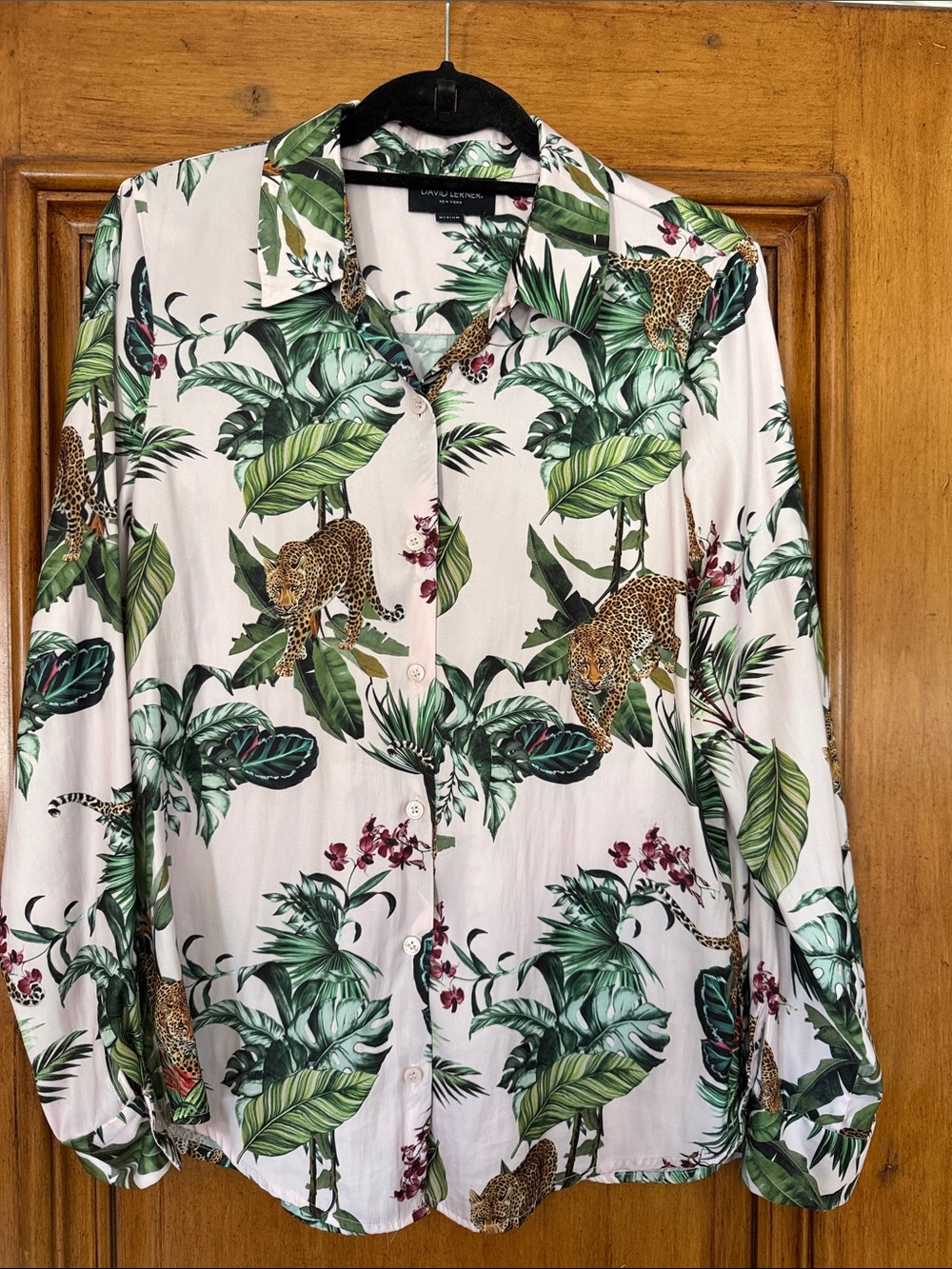 David Lerner White Button-Up Shirt with Green Tropical Leaves and Leopard Print